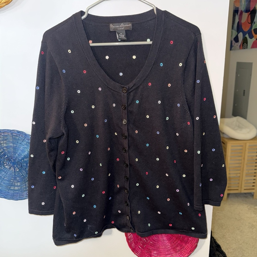 Mercer & Madison 2X Cardigan Sweater Black Embroidered Colorful Dot Confetti